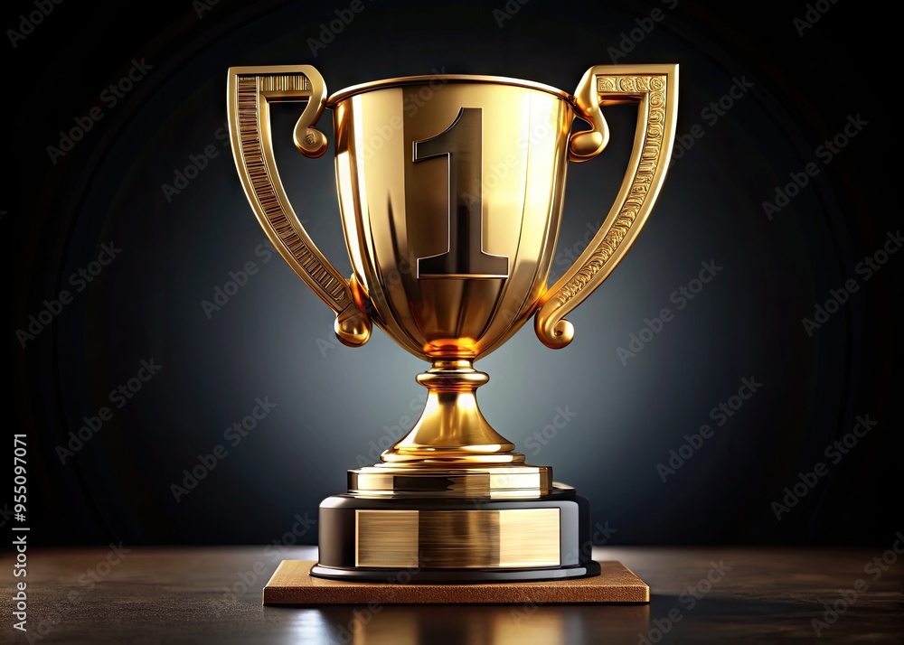Golden trophy with a large numeral one mounted on top, isolated on a black background, symbolizing success, achievement, and excellence in various competitive fields. Golden trophy with a large numeral one mounted on top, isolated on a black background, symbolizing success, achievement, and excellence in various competitive fields.