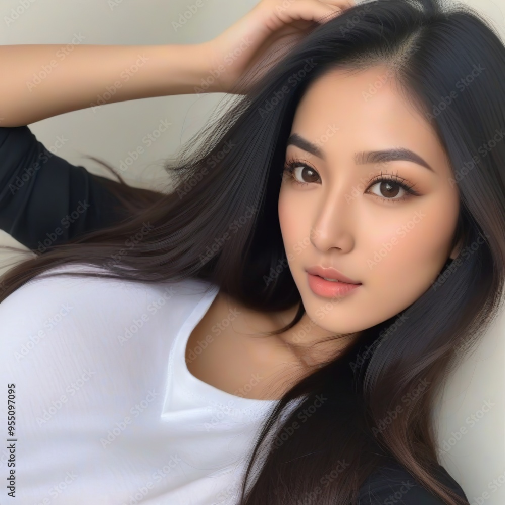 Naklejka premium Attractive Girl with Long Hair and Bright Eyes