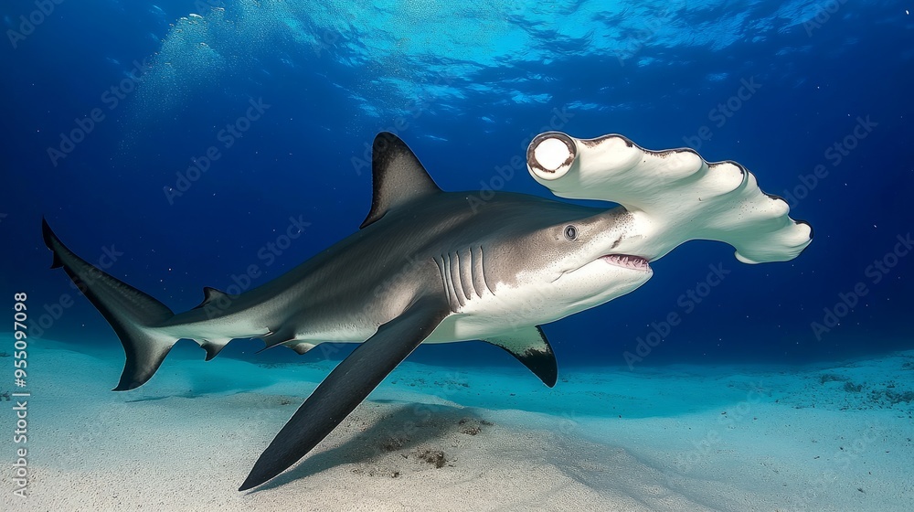 A hammerhead shark swims gracefully in clear ocean waters. A hammerhead shark swims gracefully in clear ocean waters.