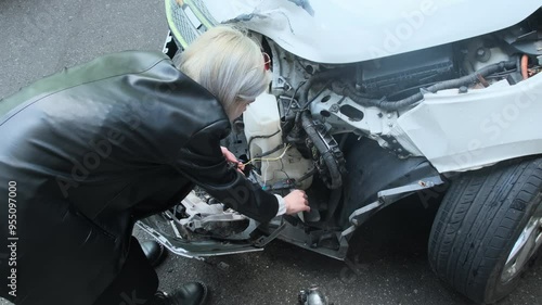 Young woman holds wiring from broken automobile in hands. Pretty blonde female carefully examining extent of damage. Car crash on road photo