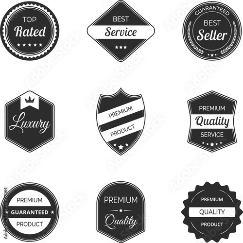 Vector illustration set of high quality labels and badges in vintage black color. Includes premium, certified designs for seals and stamps. Ideal to signify best standards and guaranteed quality.