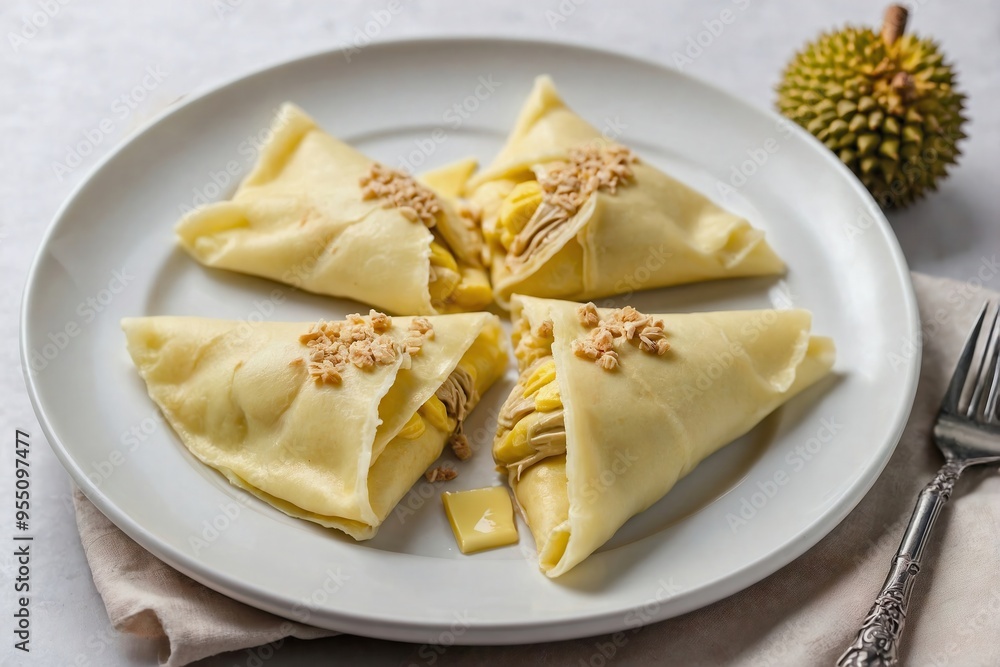 Durian Crepes: Overhead view of folded durian crepes on a white plate, with a visible creamy durian filling, arranged neatly on a plain white background. Durian Crepes: Overhead view of folded durian crepes on a white plate, with a visible creamy durian filling, arranged neatly on a plain white background.