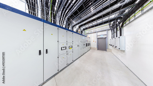 Network servers in a data center. Tier III carrier neutral data center. Electrical distribution room. Switchboard.