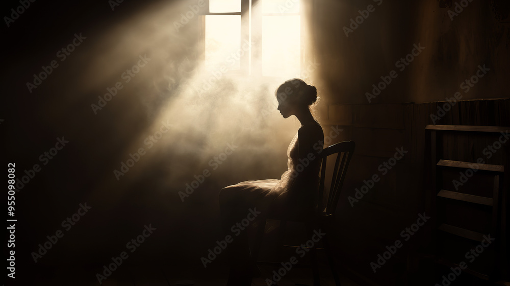 The girl is sitting on a chair in the semi-darkness, her silhouette is drowned in soft golden light, creating an effect of mystery and solitude, emphasizing her thoughtfulness. The girl is sitting on a chair in the semi-darkness, her silhouette is drowned in soft golden light, creating an effect of mystery and solitude, emphasizing her thoughtfulness.