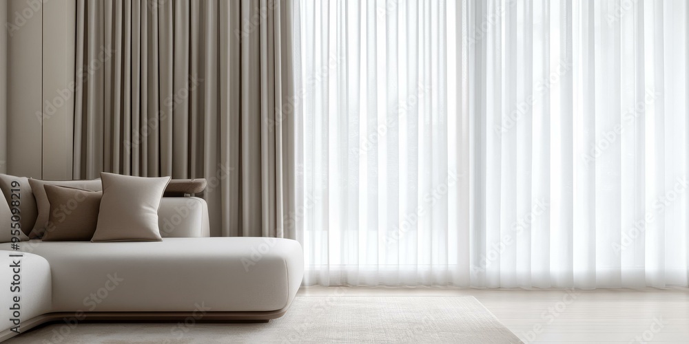 White couch with pillows near window with sheer curtains. White couch with pillows near window with sheer curtains.