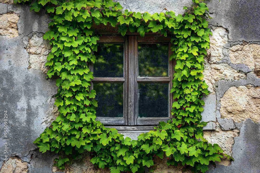 A window with vibrant green vines growing around it, contrasting against a weathered, grey stone wall. A window with vibrant green vines growing around it, contrasting against a weathered, grey stone wall.
