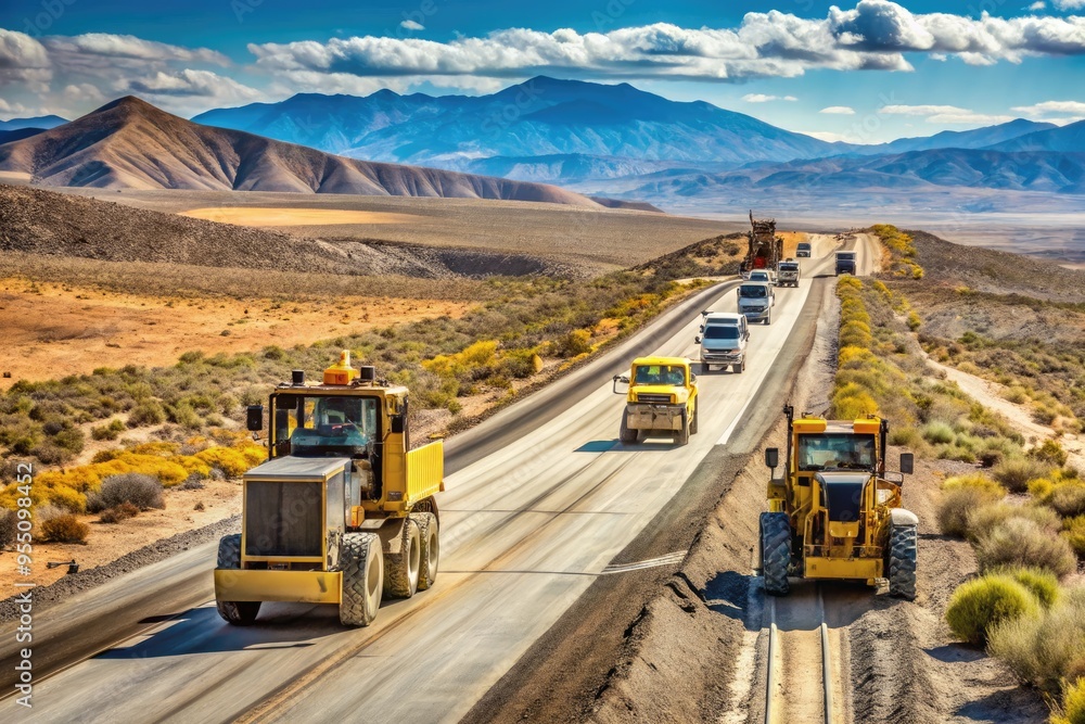 Heavy machinery and trucks navigate through dusty terrain on NV-160 Road, MM36, amidst ongoing construction and roadwork in a rural Nevada desert landscape. Heavy machinery and trucks navigate through dusty terrain on NV-160 Road, MM36, amidst ongoing construction and roadwork in a rural Nevada desert landscape.
