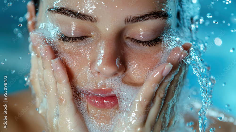 A woman is washing her face with water A woman is washing her face with water