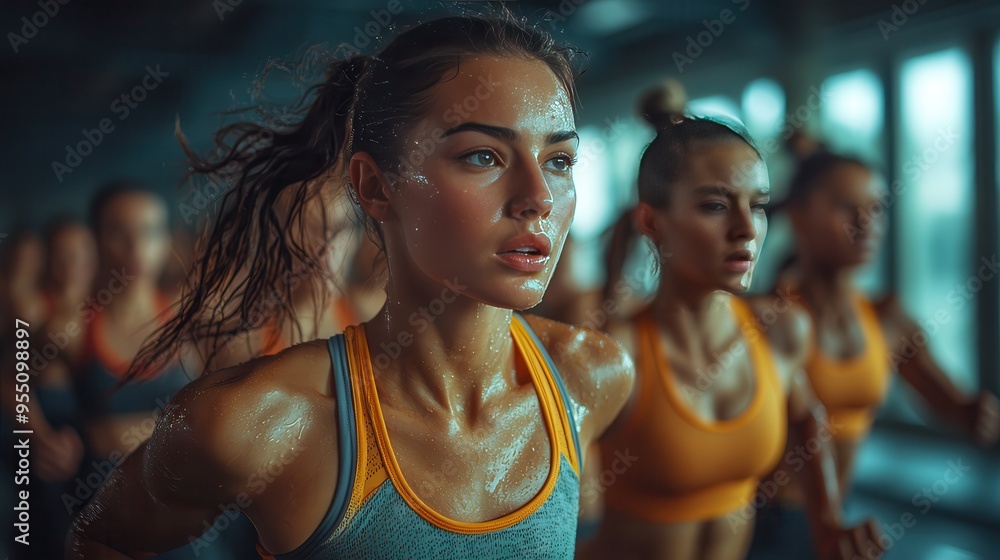 Intense Group Workout Session in Gym with Sweat-Soaked Effort and Determination Intense Group Workout Session in Gym with Sweat-Soaked Effort and Determination