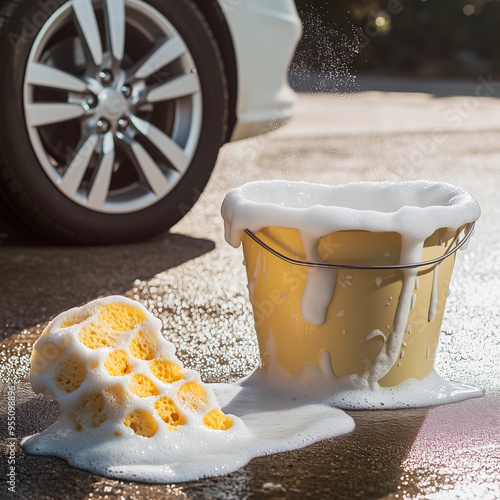 Yellow soapy cleaning bucket foam sponge car tire washing clean detailing auto service automotive shop banner background copy space soap suds white foaming carcare photo