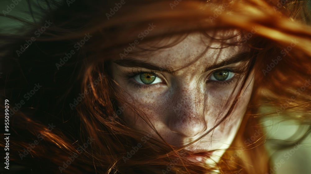 Piercing green eye against a background of red curls and freckles on the face. The light falls on the skin, emphasizing its texture and creating a cozy mood. Piercing green eye against a background of red curls and freckles on the face. The light falls on the skin, emphasizing its texture and creating a cozy mood.