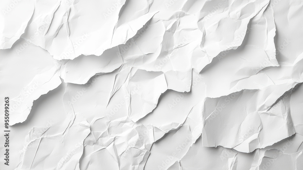 Fototapeta premium A white background with paper torn in different directions. The paper is torn in such a way that it creates a sense of chaos and disorder. The image evokes a feeling of unease and discomfort