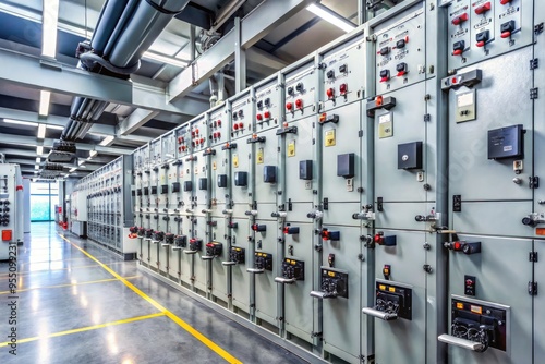 High-voltage electrical switchgear components, including circuit breakers and disconnect switches, line up in a row in a modern industrial electrical substation interior setting. photo