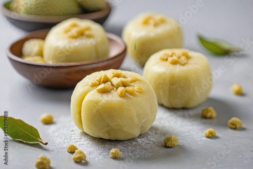 Durian Mochi: Durian mochi on a plain white surface