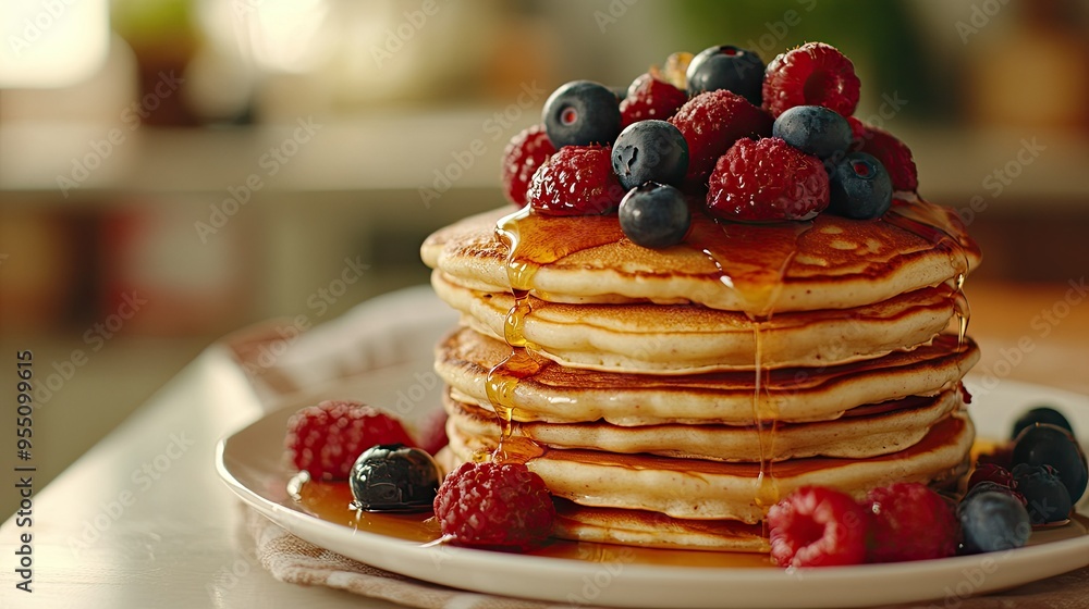 Stack of fluffy pancakes topped with fresh berries and syrup, set on a white plate in a cozy kitchen Stack of fluffy pancakes topped with fresh berries and syrup, set on a white plate in a cozy kitchen