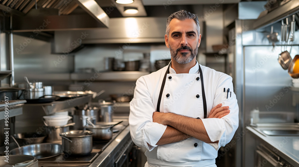Confident Chef Standing Proudly in a Professional Restaurant Kitchen Confident Chef Standing Proudly in a Professional Restaurant Kitchen