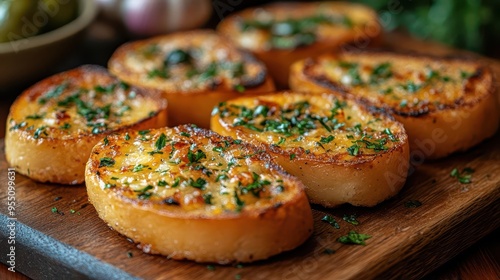 artisanal garlic toasts arranged on rustic wooden board macro focus on crispy texture warm lighting earthy tones food photography highlighting homemade appetizer with inviting negative space