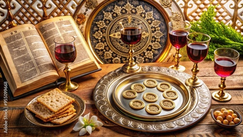 Illuminated Hebrew Passover text opens to reveal ornate illustrations of Seder plate, matzah, and wine cup, surrounded by intricate borders and golden filigree. photo