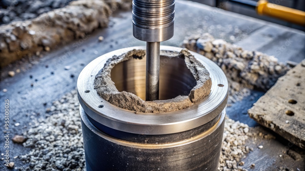 Industrial drill bit with a hollow core extracting a cylindrical sample of concrete or asphalt for laboratory testing or analysis of physical properties. Industrial drill bit with a hollow core extracting a cylindrical sample of concrete or asphalt for laboratory testing or analysis of physical properties.