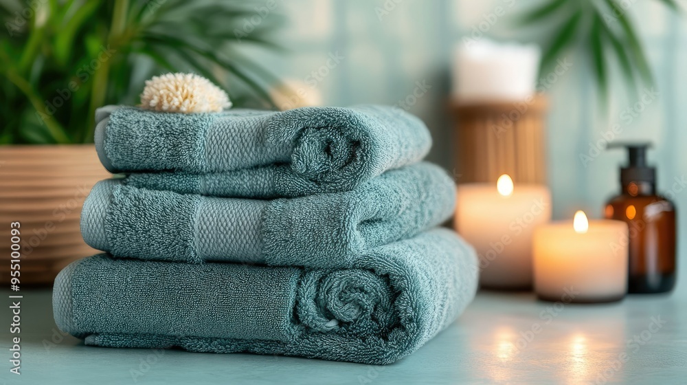 Stack of freshly folded towels in a spa setting, with candles and essential oils Stack of freshly folded towels in a spa setting, with candles and essential oils