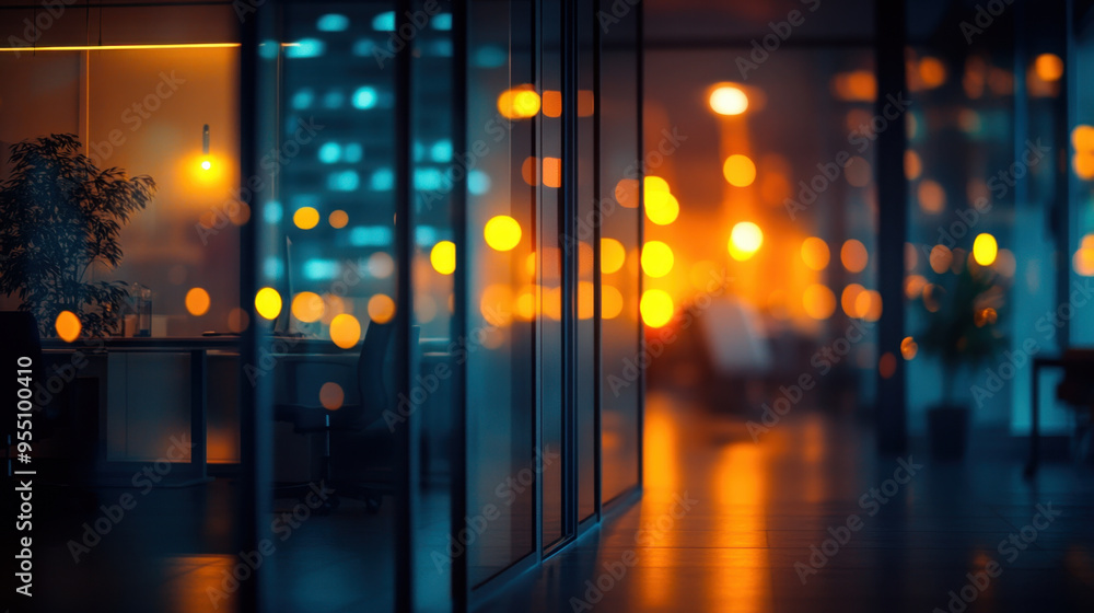 Blurry Office Space,  A nighttime view of a beautifully blurred office interior showcasing a defocused workspace, creating an inviting and serene atmosphere for productivity