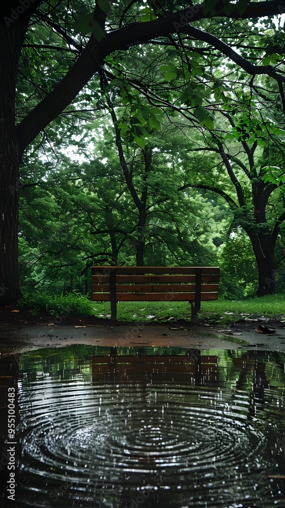 Solitary Bench Beneath Lush Tree Amid Rainy Puddle Reflections