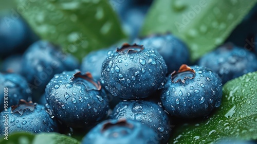 artistic macro of plump blueberries dewkissed fruit nestled among vibrant green leaves extreme closeup reveals intricate textures and rich colors clean white background for easy text overlay photo