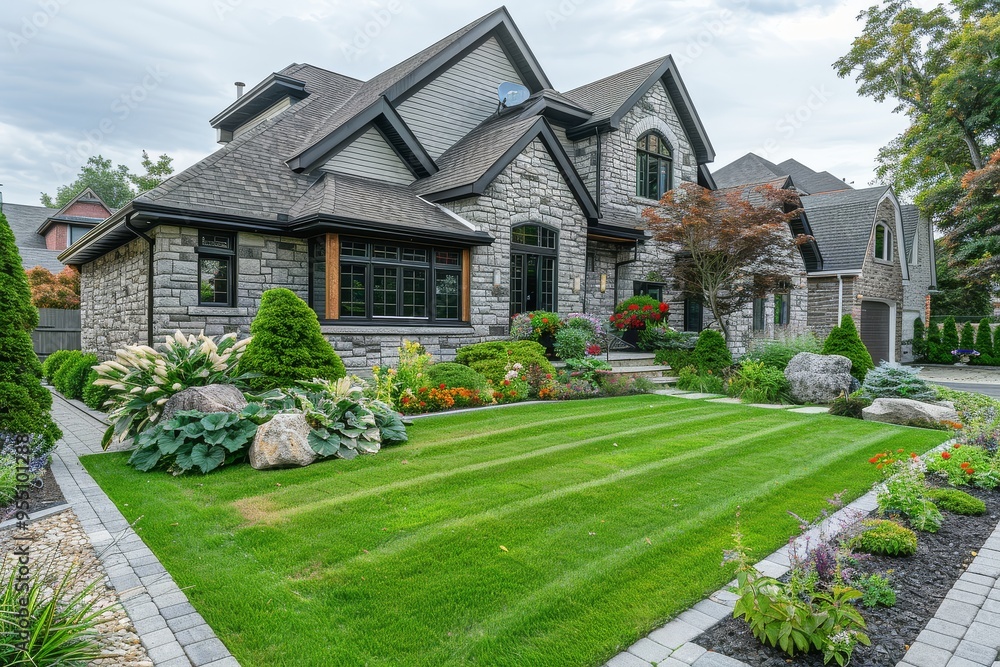 Charming front yard of a suburban Canadian home with manicured grass, trimmed shrubs, and colorful garden plants. Stone house with detailed exterior and natural lighting in an Impressionist style. Charming front yard of a suburban Canadian home with manicured grass, trimmed shrubs, and colorful garden plants. Stone house with detailed exterior and natural lighting in an Impressionist style.