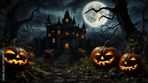 Zucca di Halloween spaventosa, Jack Lanterna, zucca diabolica, in una foresta spettrale di notte vicino ad un castello con la luna piena, la zucca incarna il male e incute orrore