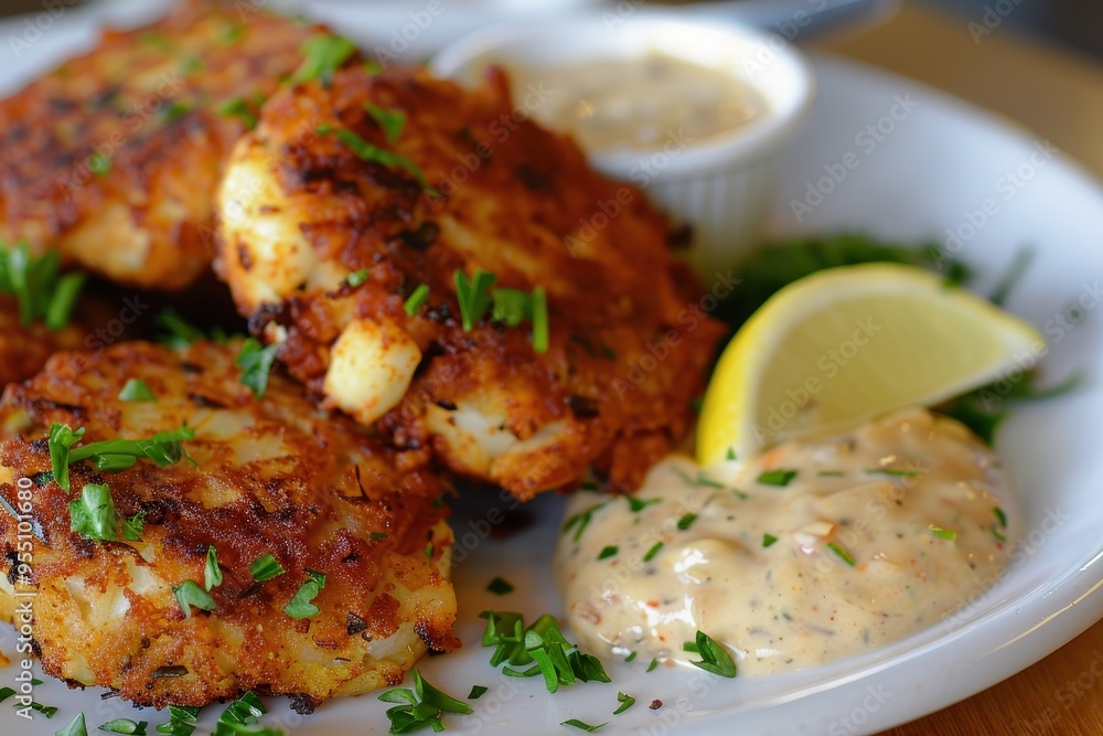 A serving of spicy crab cakes, golden brown and crispy, served with a zesty remoulade sauce and a lemon wedge A serving of spicy crab cakes, golden brown and crispy, served with a zesty remoulade sauce and a lemon wedge