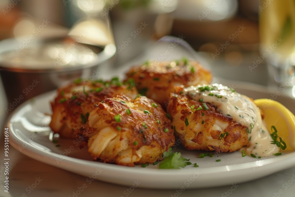 A serving of spicy crab cakes, golden brown and crispy, served with a zesty remoulade sauce and a lemon wedge A serving of spicy crab cakes, golden brown and crispy, served with a zesty remoulade sauce and a lemon wedge