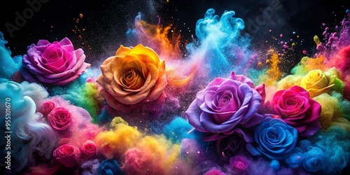 Vibrant roses in a swirl of colorful smoke create a stunning visual display in a dark setting