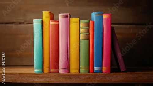 Stack of thick hardcover books with colorful spines on a wooden bookshelf