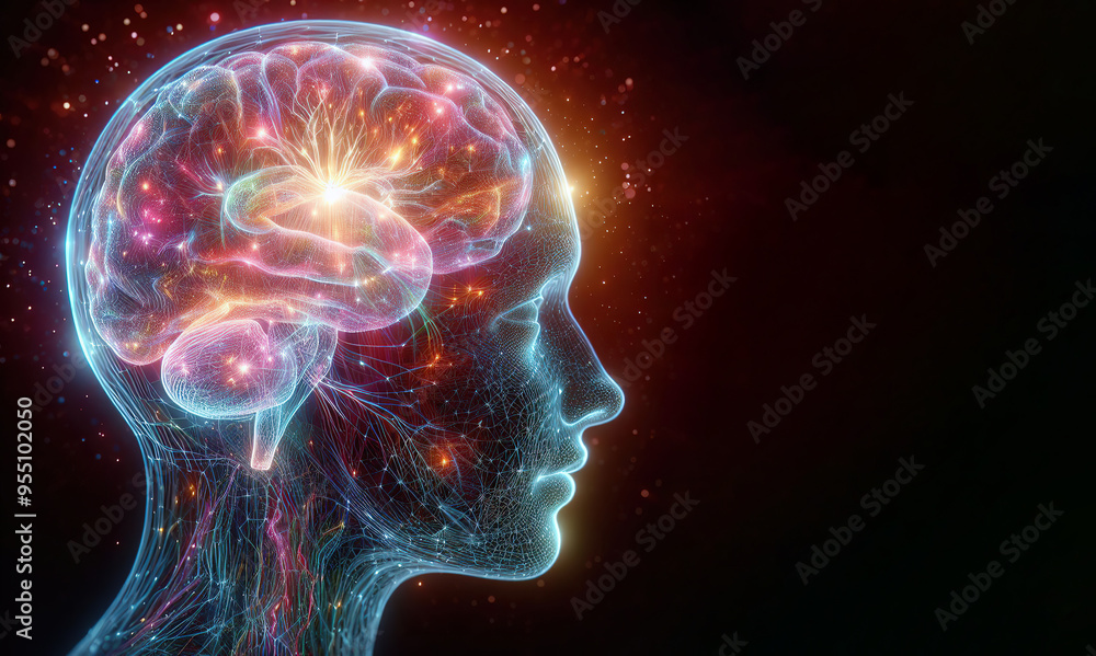 Hologram of the brain. Wireframe glowing low poly design on dark background, healthy brain concept Hologram of the brain. Wireframe glowing low poly design on dark background, healthy brain concept