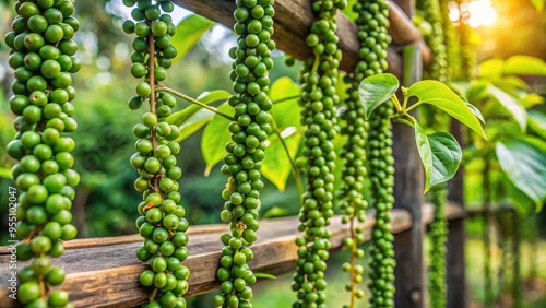 Lush green Piper nigrum vines entwined on rustic wooden trellis, adorned with clusters of immature peppercorns, against a blurred natural outdoor background. photo