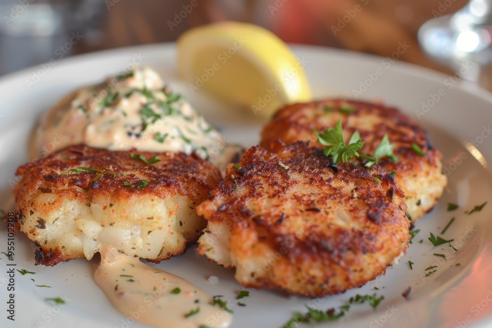 A serving of spicy crab cakes, golden brown and crispy, served with a zesty remoulade sauce and a lemon wedge A serving of spicy crab cakes, golden brown and crispy, served with a zesty remoulade sauce and a lemon wedge