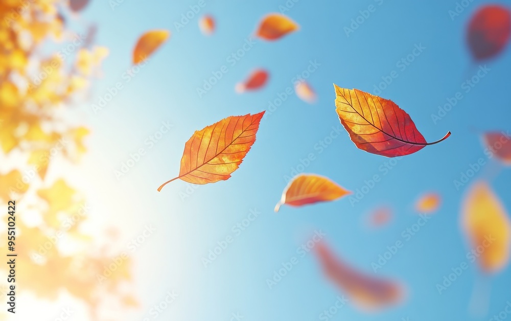 a few colorful autumn leaves gently falling against a bright blue sky a few colorful autumn leaves gently falling against a bright blue sky