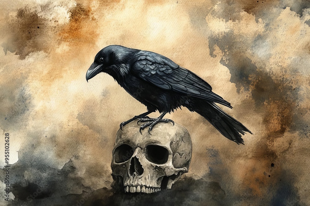 Fototapeta premium Black raven, perched on a skull, ominous clouds, Watercolor style