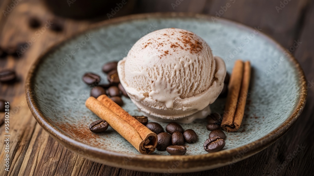 Coffee ice cream with cinnamon sticks and coffee beans on a ceramic plate. Coffee ice cream with cinnamon sticks and coffee beans on a ceramic plate.