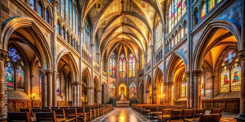 Majestic cathedral interior with ornate stained-glass windows, sweeping vaulted ceilings, and intricate stone carvings, bathed in warm, ethereal light, evoking serenity and reverence.