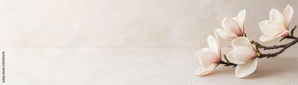 Delicate magnolia blooms in soft pastel tones, set against a neutral backdrop, perfect for springthemed wall art Delicate magnolia blooms in soft pastel tones, set against a neutral backdrop, perfect for springthemed wall art