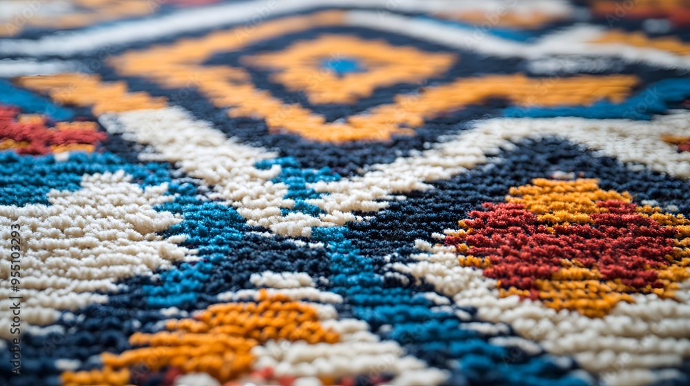 Fototapeta premium Close-up of the texture and colors on an office carpet, showcasing its modern design with geometric patterns in blue, orange, yellow, red, gray, and black and white, designed for corporate spaces