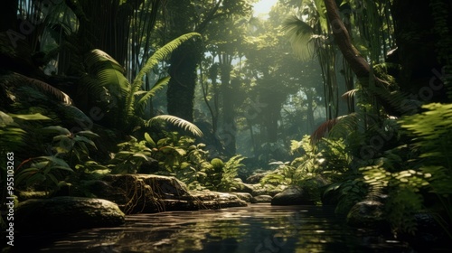 Tropical jungles of Southeast Asia with green wild plants. Neural network ai generated art