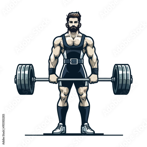 Intense vector illustration of a strong male weightlifter performing a deadlift with a heavy barbell.