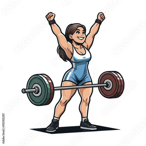 Energetic vector illustration of a happy female weightlifter celebrating after lifting a heavy barbell.