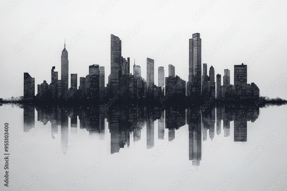 Minimalist city skyline with reflection. Minimalist city skyline with reflection.