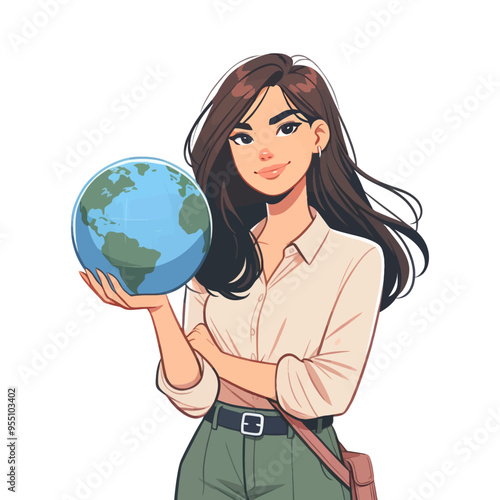 Vector illustration of a young woman holding a globe, representing global awareness and environmental stewardship.