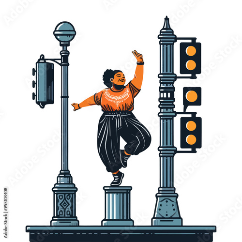 Vector illustration of a curvy woman dancing joyfully by traffic lights, celebrating confidence and cultural expression.