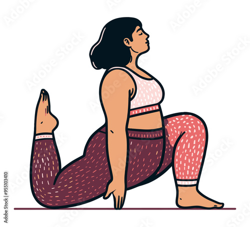Vector illustration of a curvy woman performing a deep yoga stretch, emphasizing body positivity and wellness.