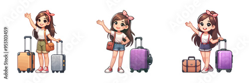Vector illustration of a happy girl waving with her luggage, ready for a new adventure